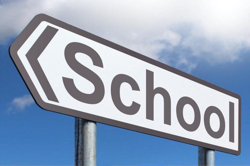 A white sign points to the left hand side of the picture. 'School' is written on the sign in black writing. In the background, the sky is blue with fluffy clouds.